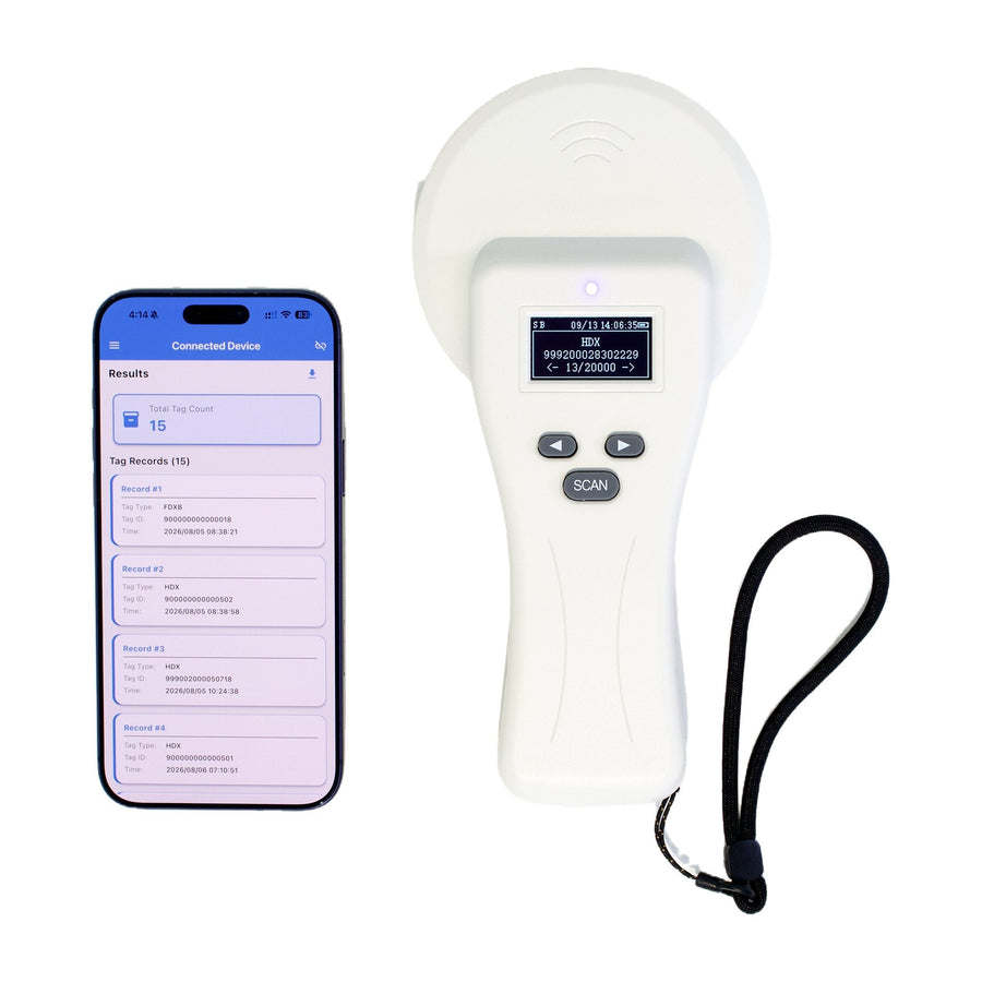 Compact Bluetooth reader for sheep, goats and cattle secured in a head bale.