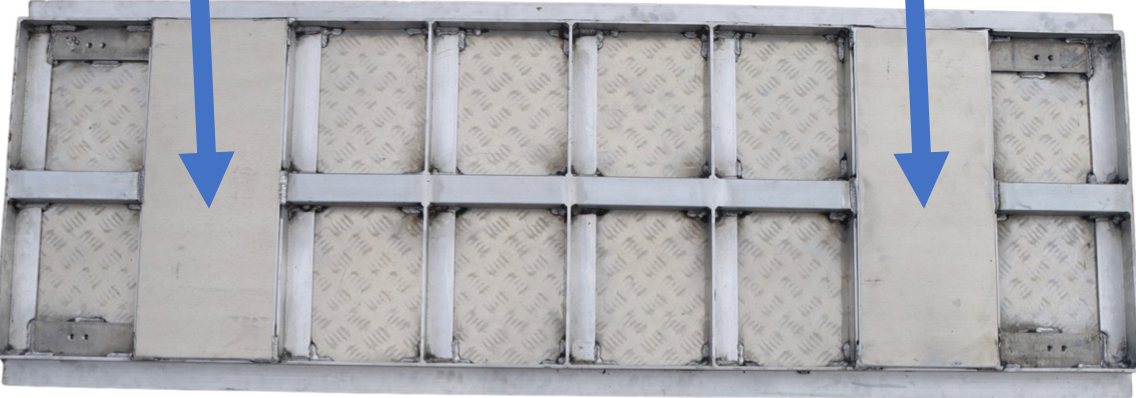Underside of the aluminium platform frame with two plates added over the load bar positions